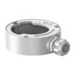 Runder, silberner Metallhalter mit Schrauben und einem seitlichen Anschluss.