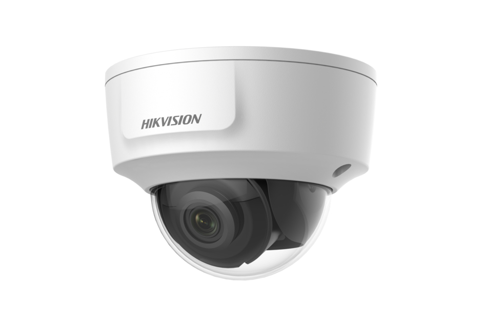 Weiße, halbkugelförmige Überwachungskamera von Hikvision mit Sichtfenster und internem Objektiv.