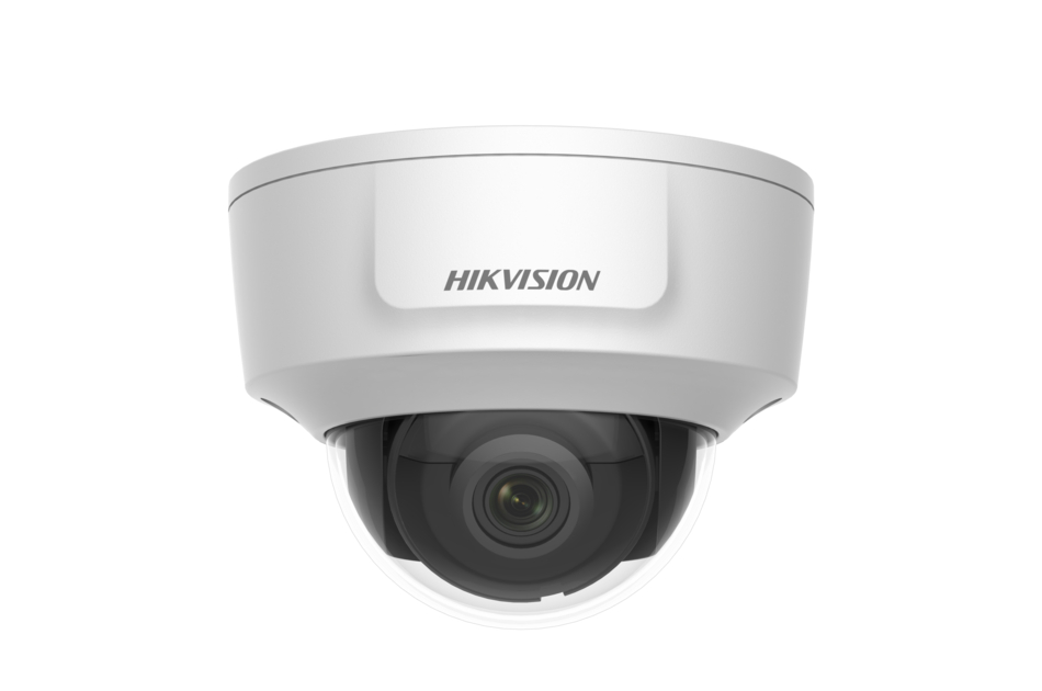 Weiße Sicherheitskamera der Marke Hikvision mit transparentem Gehäuse, frontal abgebildet.