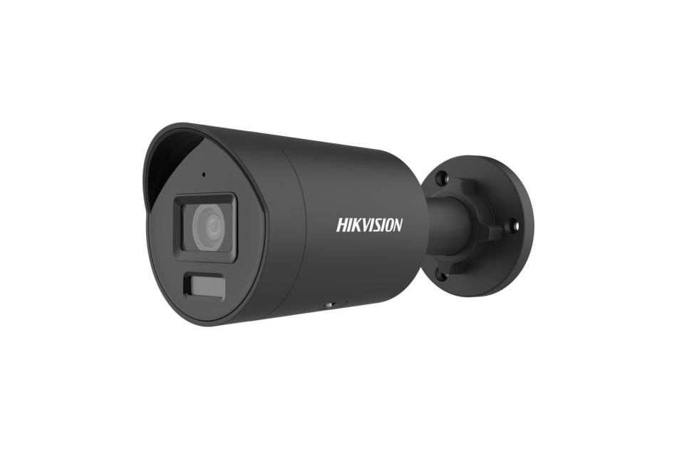 Schwarze Überwachungskamera der Marke Hikvision mit zylindrischem Gehäuse, montiert an einer Wandhalterung.