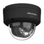 Schwarze Überwachungskamera von Hikvision in Form einer Kuppel.