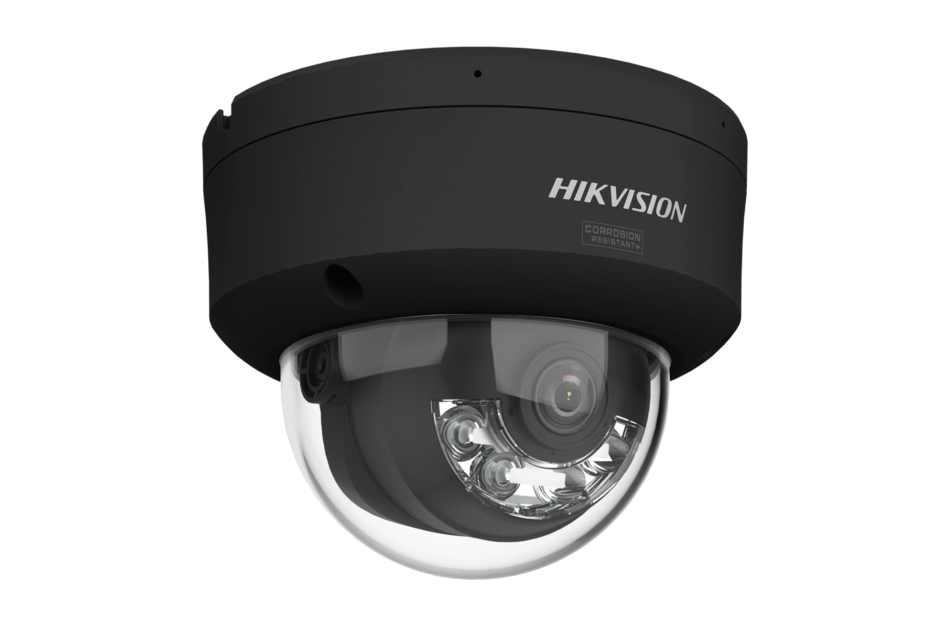 Schwarze Überwachungskamera von Hikvision in Form einer Kuppel.
