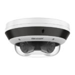 Kuppelförmige Sicherheitskamera von Hikvision mit mehreren Objektiven, montiert in einem schwarzen und weißen Gehäuse.