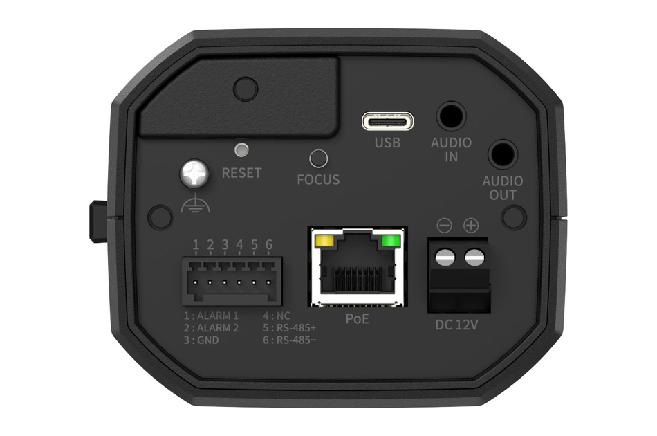 Rückseite eines elektronischen Geräts mit Anschlüssen für USB, Audio, PoE, Alarm und DC 12V.