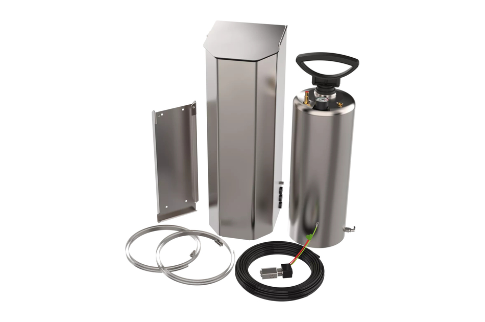 Metallbehälter mit Handgriff, Kabeln und Befestigungsplatte, möglicherweise ein technisches Gerät oder Zubehör.