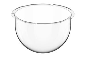 Eine transparente, halbkugelförmige Schale aus Glas mit einem glatten, klaren Rand.