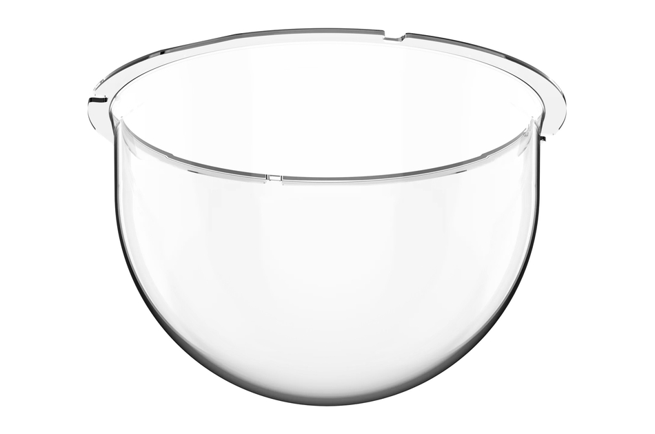 Eine transparente, halbkugelförmige Schale aus Glas mit einem glatten, klaren Rand.