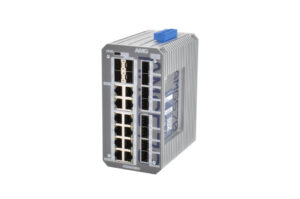 Industrieller Ethernet-Switch mit mehreren Netzwerkanschlüssen und robuster Bauweise, Markenname AMG sichtbar.