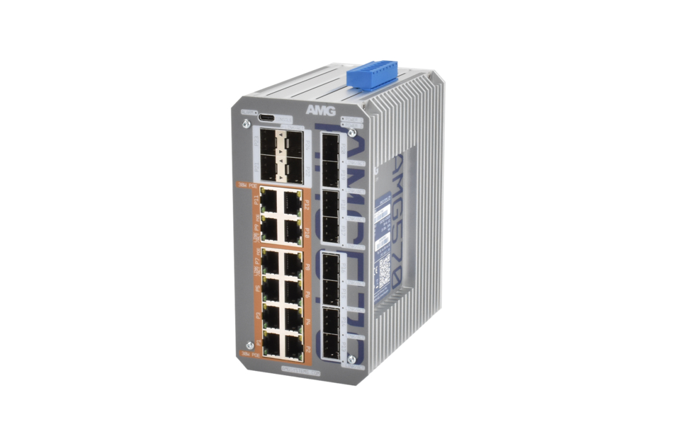 Industrieller Netzwerk-Switch mit mehreren Ethernet-Ports und einem blau markierten Anschluss.
