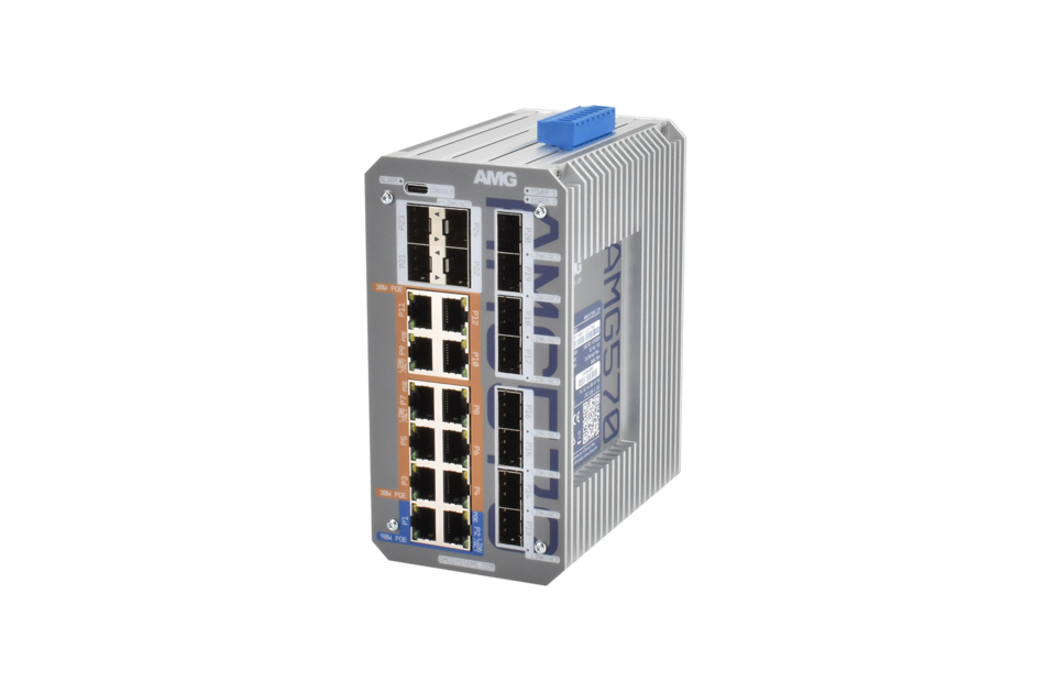 Industrieller Netzwerkswitch mit mehreren Ethernet-Ports und robustem, grauem Gehäuse.