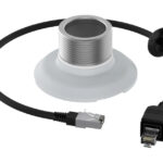 Ein rundes elektronisches Bauteil mit Kabel und Ethernet-Stecker, ideal zur Integration in Netzwerksysteme.