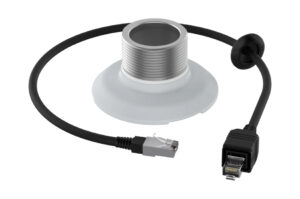 Ein rundes elektronisches Bauteil mit Kabel und Ethernet-Stecker, ideal zur Integration in Netzwerksysteme.