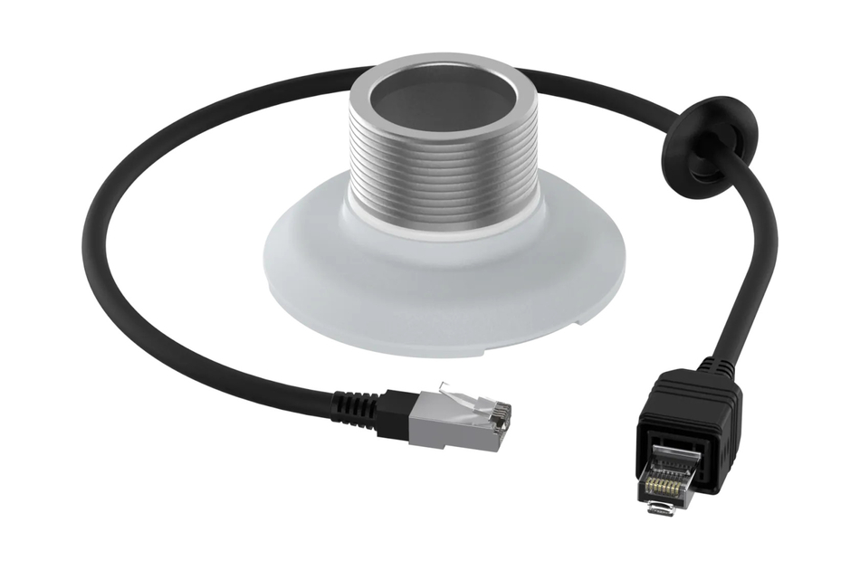 Ein rundes elektronisches Bauteil mit Kabel und Ethernet-Stecker, ideal zur Integration in Netzwerksysteme.