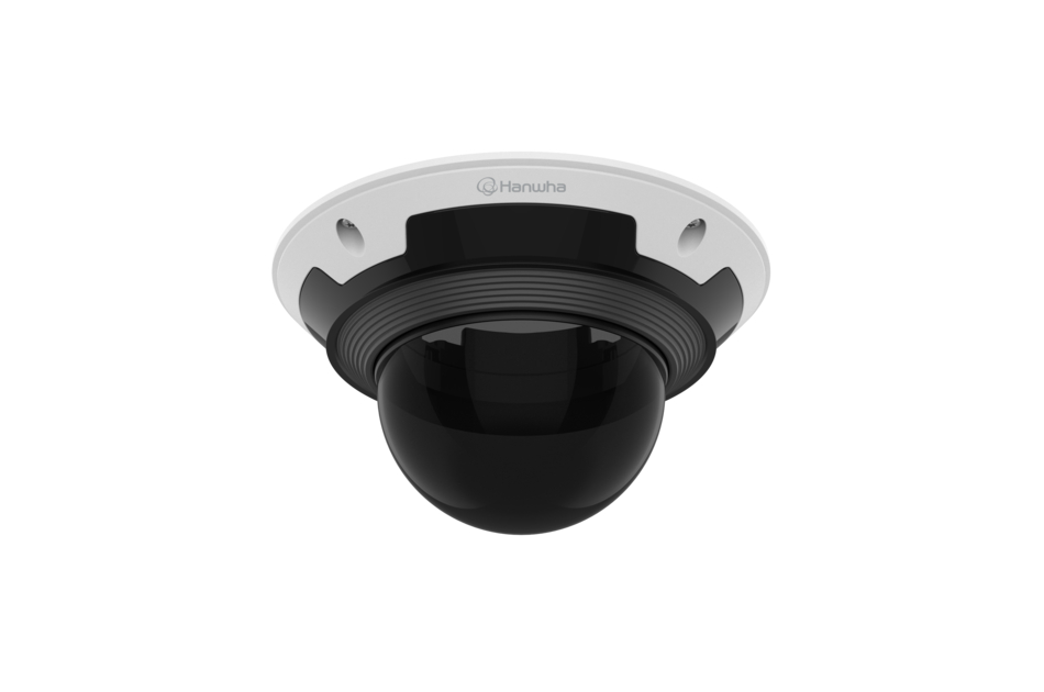 Sicherheitskamera in Kuppelform mit schwarzer Linse und weißem Gehäuse von Hanwha.