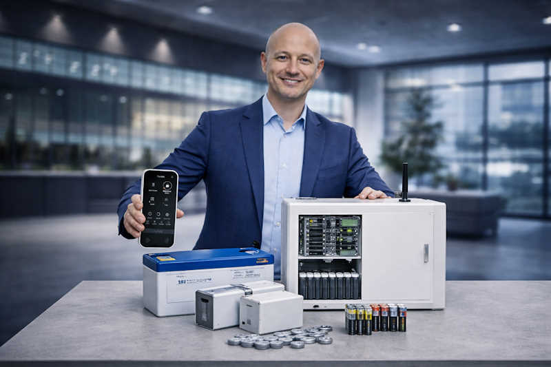 Ein Mann in Anzug hält ein Smartphone und steht neben einer Batterie- und Technologieausstattung auf einem Tisch.