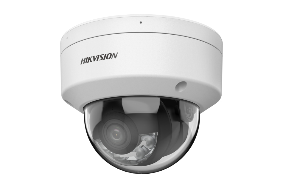 Weiße Überwachungskamera der Marke Hikvision mit transparenter Kuppel und erkennbarer Linse.