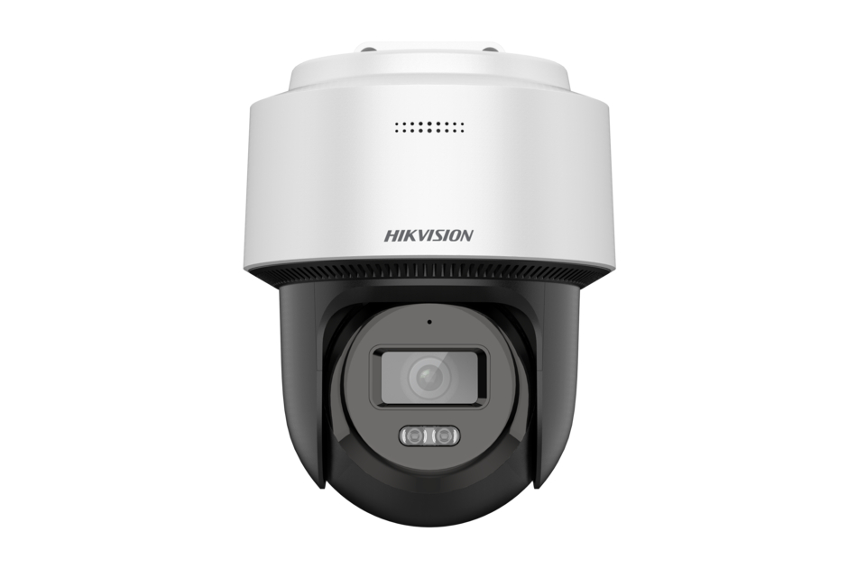 Überwachungskamera von Hikvision in Weiß und Schwarz mit sichtbarer Linse und Sensoren.