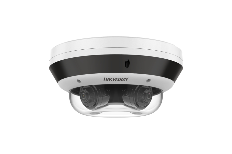 Deckenmontierte Überwachungskamera mit mehreren Linsen, Markenname "HIKVISION" sichtbar.