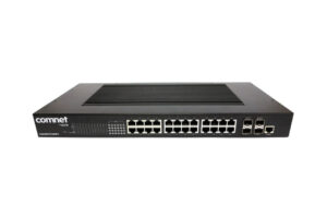 Ein schwarzer Netzwerk-Switch von Comnet mit zahlreichen Ethernet-Ports und zwei Glasfaser-Schnittstellen.
