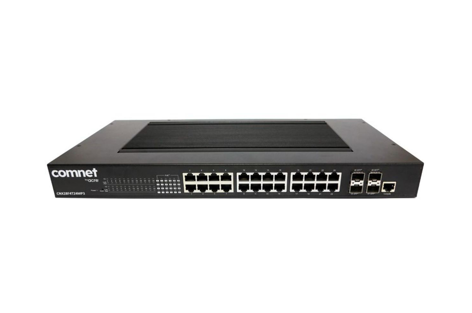 Ein schwarzer Netzwerk-Switch von Comnet mit zahlreichen Ethernet-Ports und zwei Glasfaser-Schnittstellen.