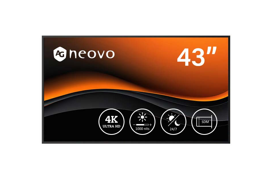 Ein 43-Zoll-4K-Ultra-HD-Bildschirm von AG Neovo mit Grafiken, die 1000 Nits Helligkeit und 24/7-Betrieb zeigen.
