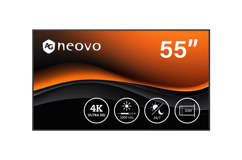 Ein Bildschirm mit der Aufschrift "55 Zoll", "4K Ultra HD", "1000 nits", "24/7" und "SDM", mit orange-schwarzem Design.