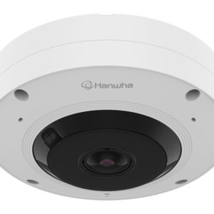 Überwachungskamera von Hanwha in einem runden, weißen Gehäuse mit zentralem Objektiv.