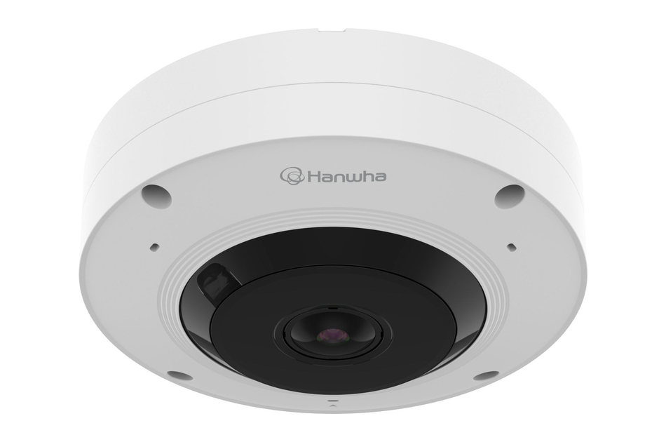 Runde, weiße Sicherheitskamera mit dem Markennamen "Hanwha" und einem zentralen Objektiv.
