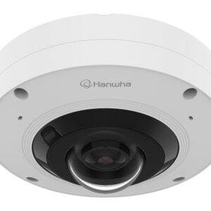 Weiße Sicherheitskamera von Hanwha mit kreisförmigem Objektiv in der Mitte.