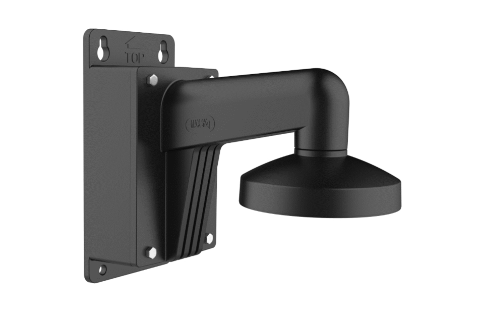 Wandhalterung aus schwarzem Metall mit rechteckiger Basis und abgewinkeltem Arm.