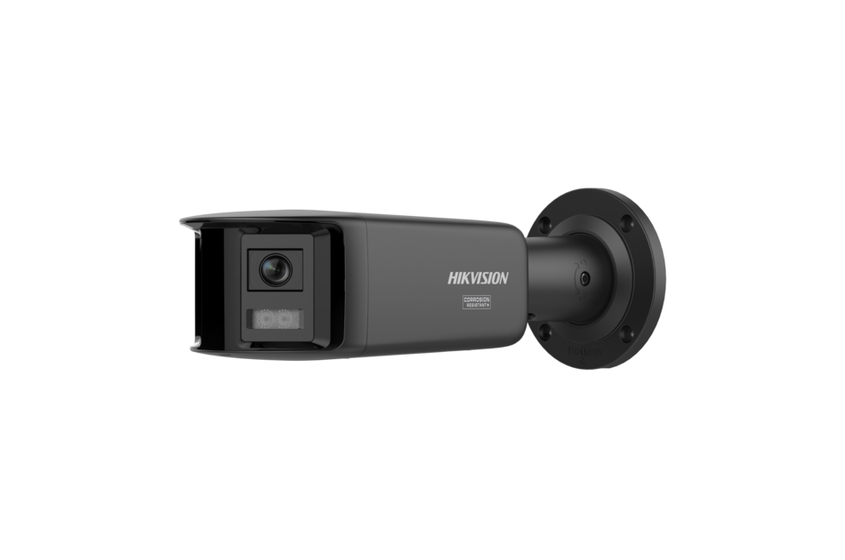 Eine schwarze Überwachungskamera von Hikvision, seitlich an einer Wandhalterung montiert.