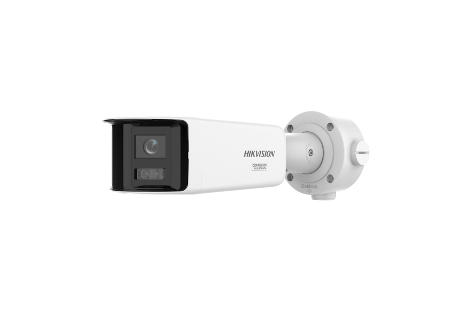 Überwachungskamera von Hikvision mit rechteckigem Gehäuse, montiert an einer Wandhalterung.