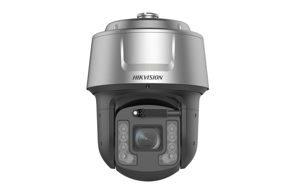 Sicherheitskamera von Hikvision mit silbernem Gehäuse und eingebauten Infrarot-LEDs.