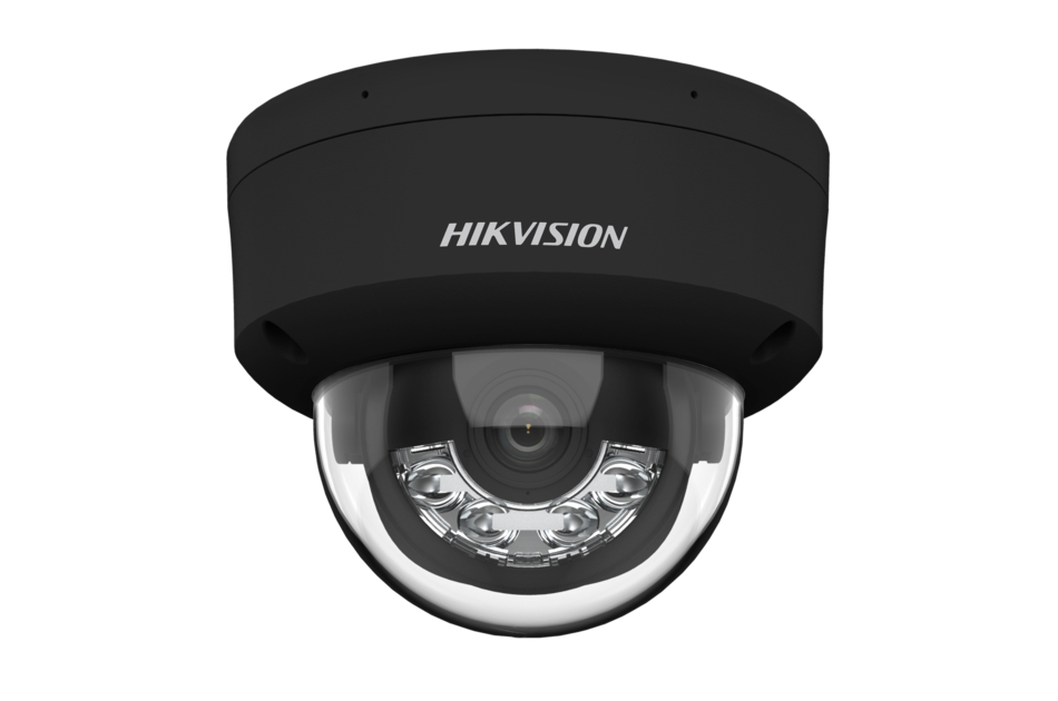 Schwarze Überwachungskamera von Hikvision mit durchsichtigem Gehäuse und sichtbarem Objektiv.