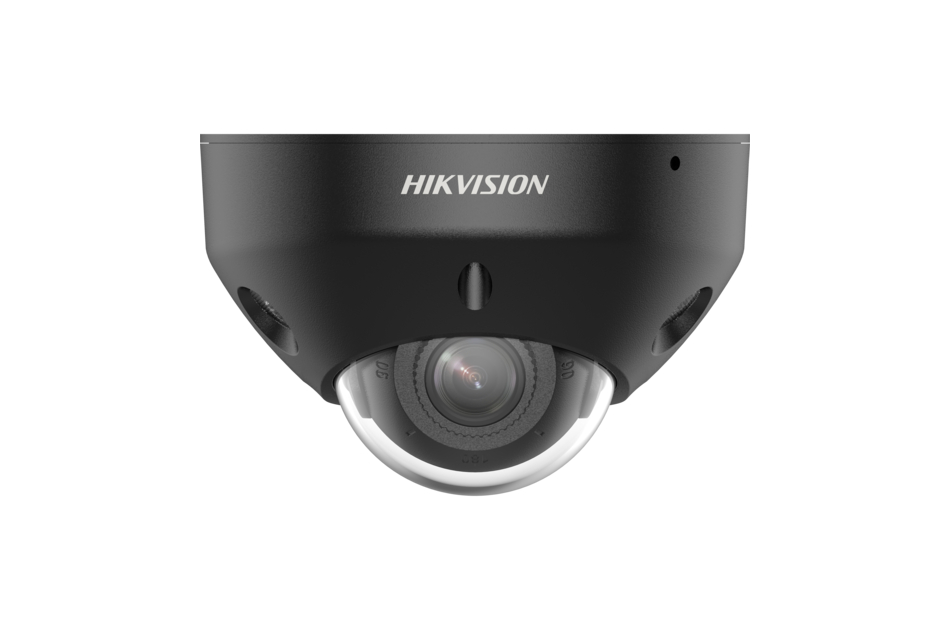Schwarze Überwachungskamera von Hikvision mit einer durchsichtigen Kuppel, frontal betrachtet.