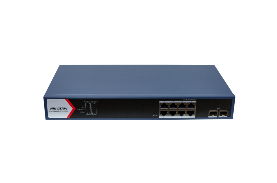 Ein Netzwerk-Switch von Hikvision mit mehreren Ethernet-Anschlüssen und einem blauen Gehäuse.