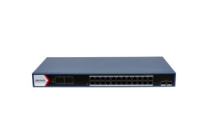 Ein Netzwerk-Switch mit 24 Ethernet-Ports und zusätzlichen optischen Anschlüssen auf der Vorderseite.