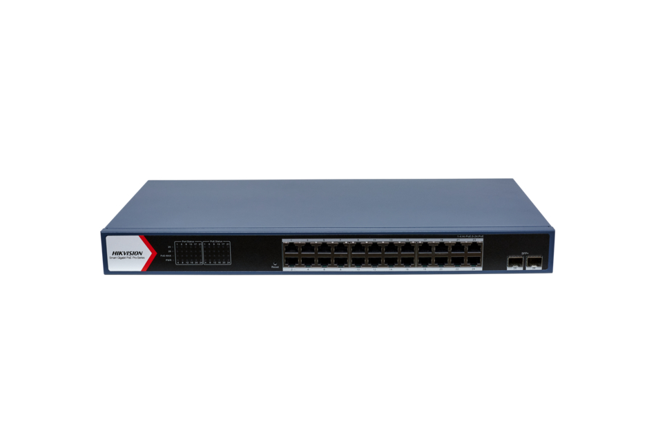 Ein Netzwerk-Switch mit 24 Ethernet-Ports und zusätzlichen optischen Anschlüssen auf der Vorderseite.