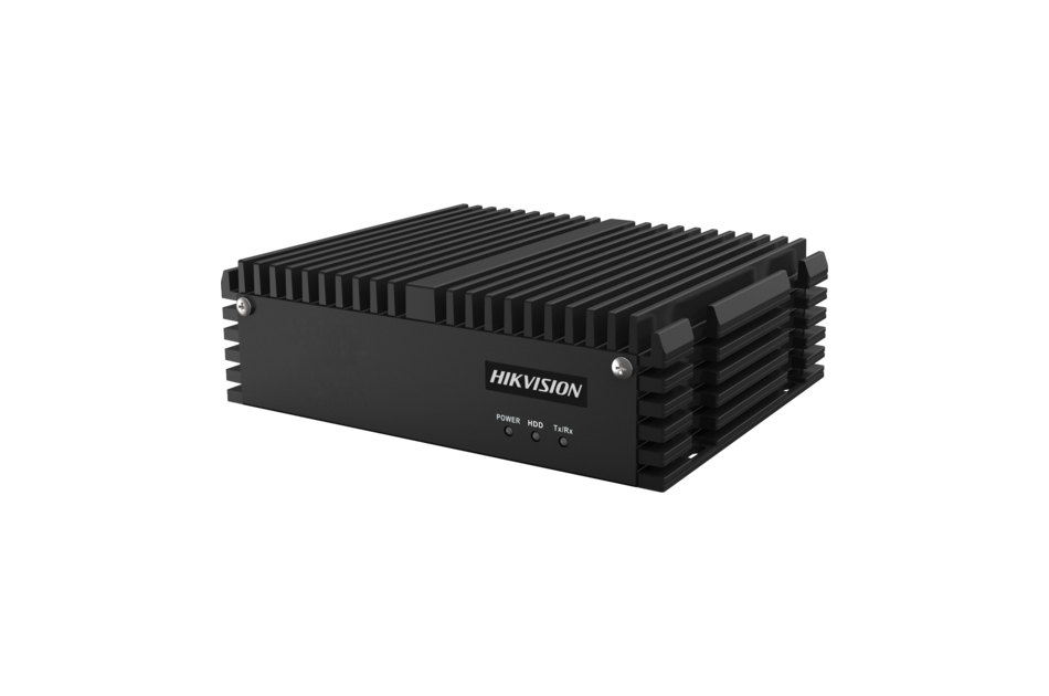 Schwarze Hikvision-Videorekorder-Einheit mit Kühlrippen und drei Statusleuchten an der Vorderseite.
