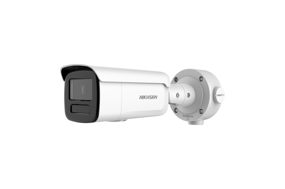 Weiße Überwachungskamera von Hikvision mit abgerundetem Rechteckdesign und montiertem Standfuß.
