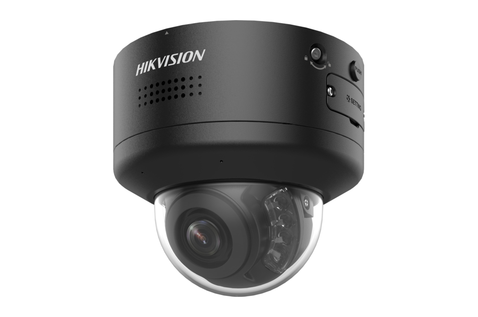 Schwarze Überwachungskamera von Hikvision mit kuppelförmigem Design und sichtbare Linse.