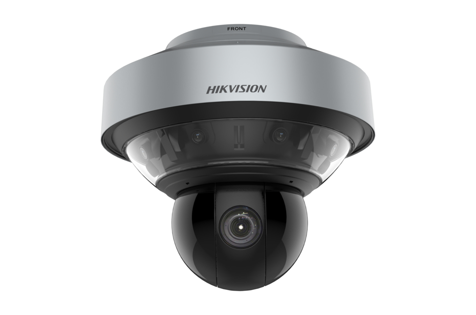 Überwachungskamera von Hikvision mit Kuppeldesign und mehreren Linsen, aus einer unteren Perspektive betrachtet.