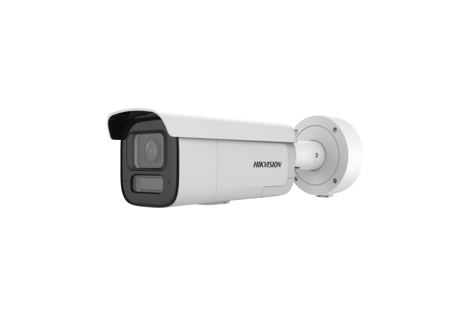 Weiße Überwachungskamera mit dem Logo "Hikvision" an der Seite, montiert auf einer runden Halterung.