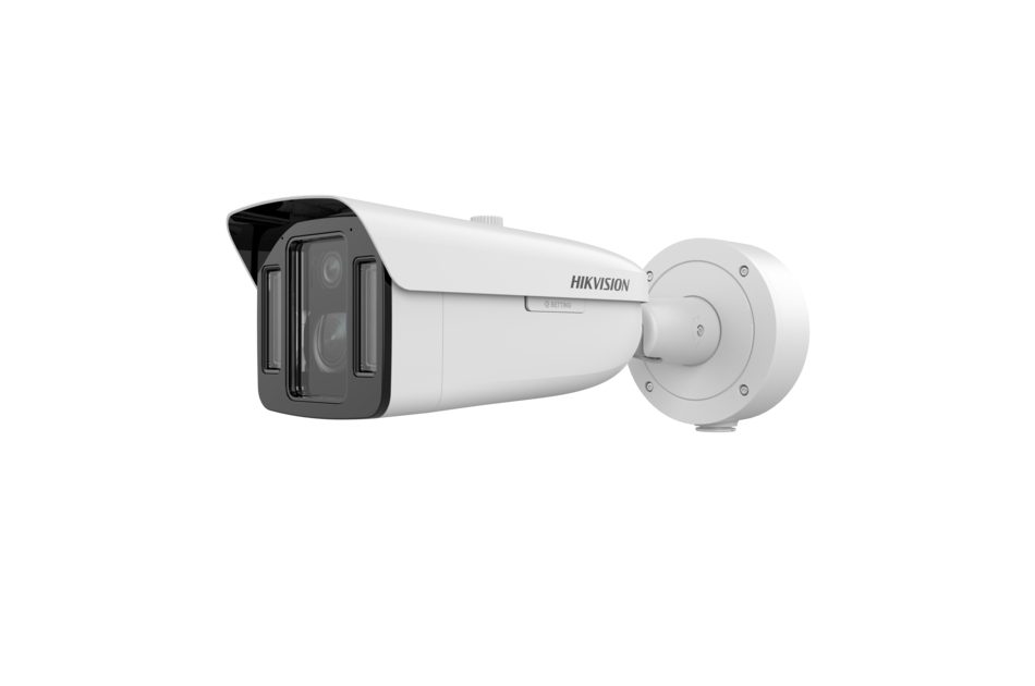 Überwachungskamera zur Wandmontage in modernem, weißem Design mit sichtbaren Linsen und Markenname "Hikvision".