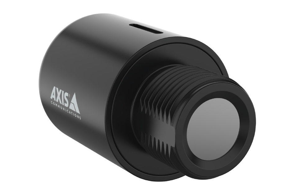 Schwarze zylindrische Kamera mit AXIS Communications Logo, sichtbare Linse und geripptem Bereich.