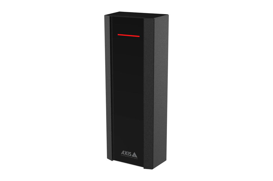 Schwarz-graues rechteckiges elektronisches Gerät mit rotem Lichtstreifen oben und dem Schriftzug "AXIS" unten.