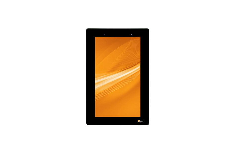 Ein schwarzes Tablet mit orangefarbenem Bildschirm und einem weißen Streifenmuster darauf.