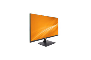 Schwarzer Computermonitor mit orangefarbenem abstraktem Bildschirmhintergrund auf einem Standfuß