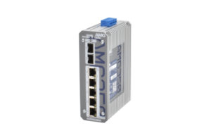 Industrieller AMG-Netzwerk-Switch mit sechs Ethernet-Anschlüssen und geripptem Metallgehäuse