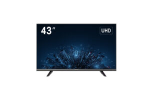 43-Zoll-UHD-Fernseher mit schwarzem Rahmen und Darstellung einer futuristischen Stadtlandschaft